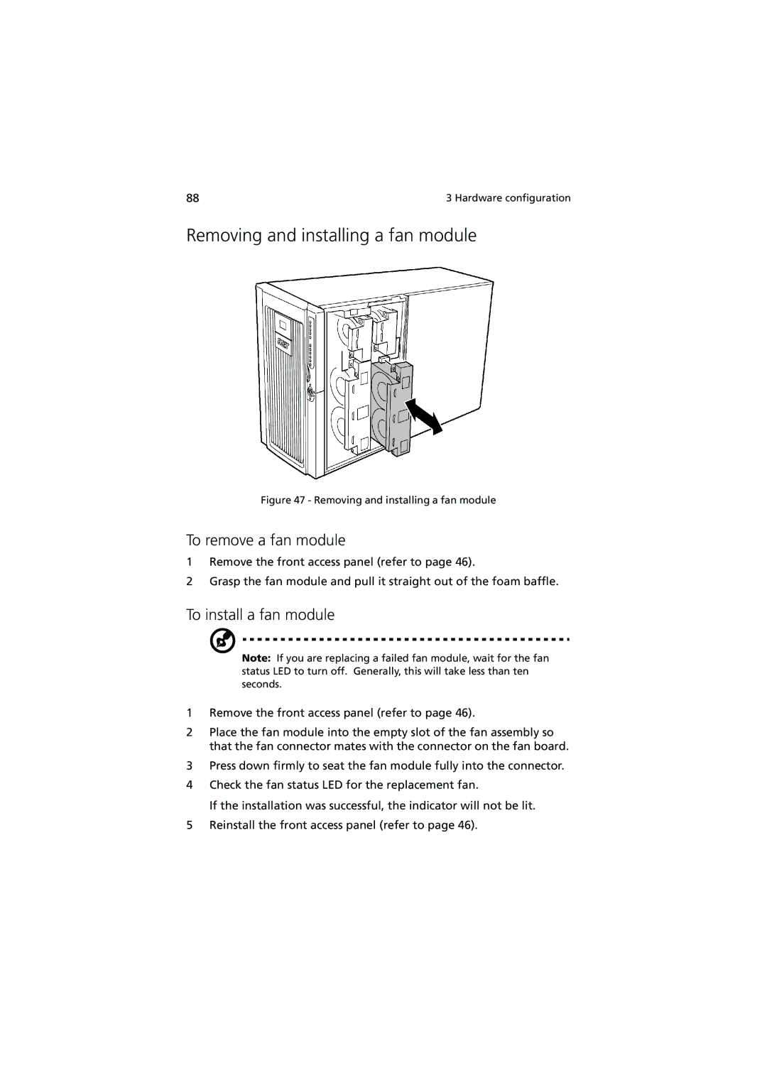 Acer Altos G900 manual Removing and installing a fan module, To remove a fan module, To install a fan module 