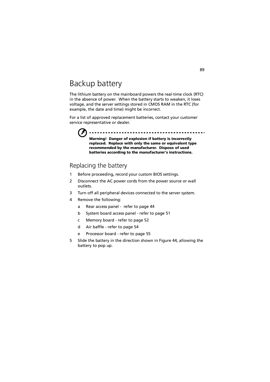 Acer Altos G900 manual Backup battery, Replacing the battery 