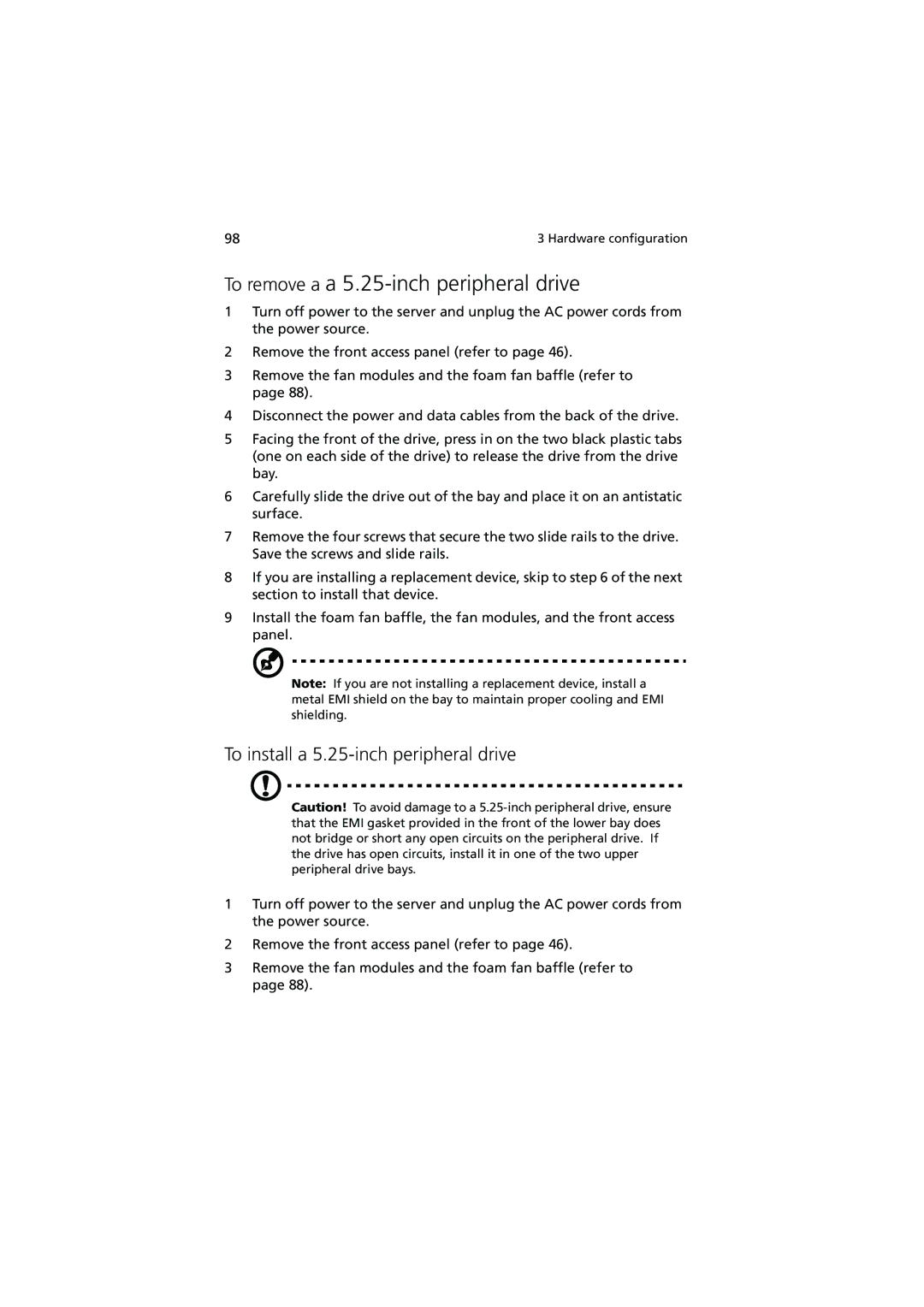 Acer Altos G900 manual To remove a a 5.25-inch peripheral drive, To install a 5.25-inch peripheral drive 