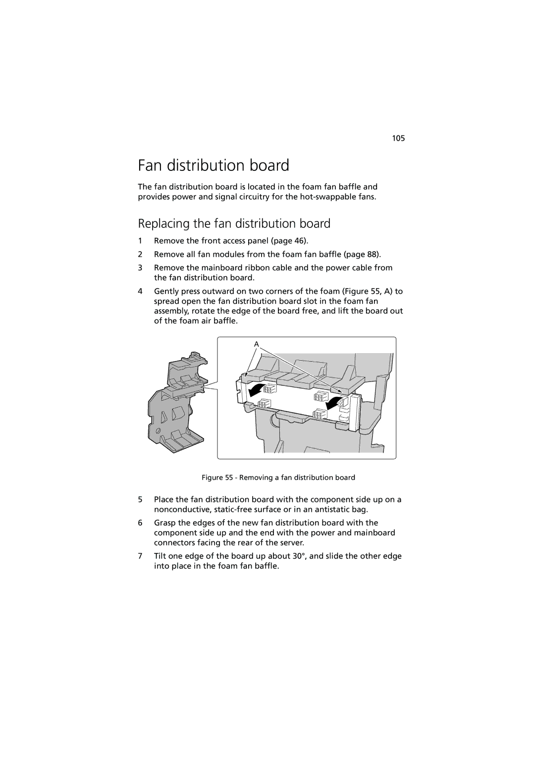 Acer Altos G900 manual Fan distribution board, Replacing the fan distribution board 