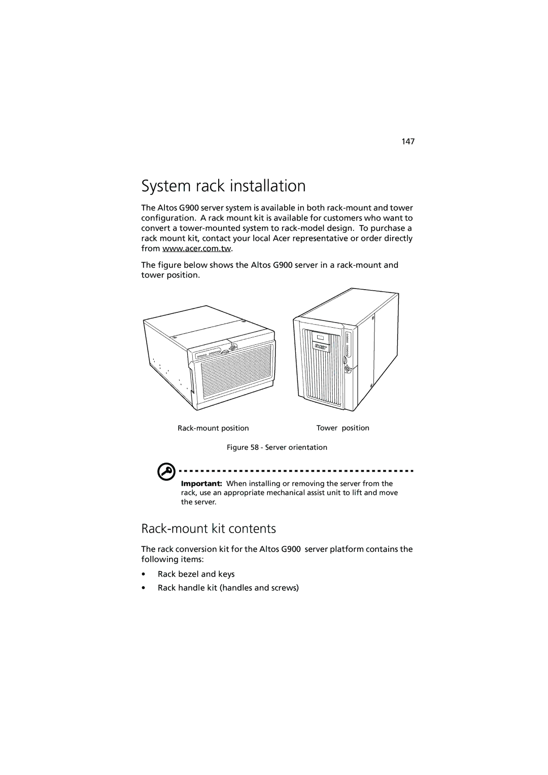 Acer Altos G900 manual System rack installation, Rack-mount kit contents 