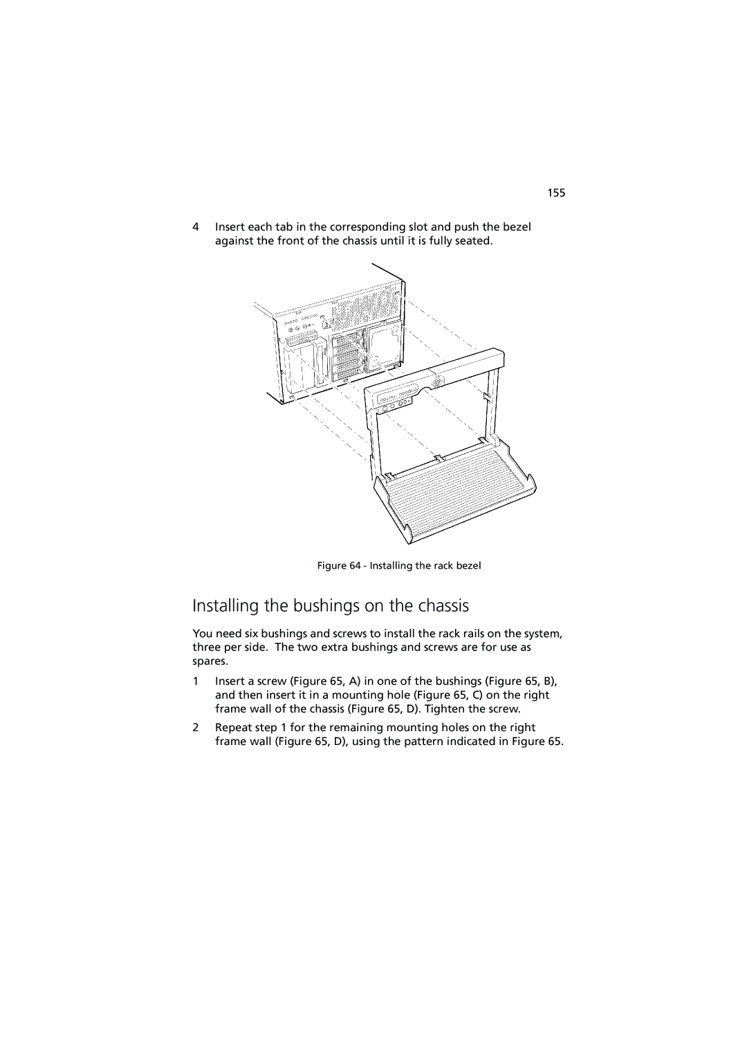 Acer Altos G900 manual Installing the bushings on the chassis, Installing the rack bezel 