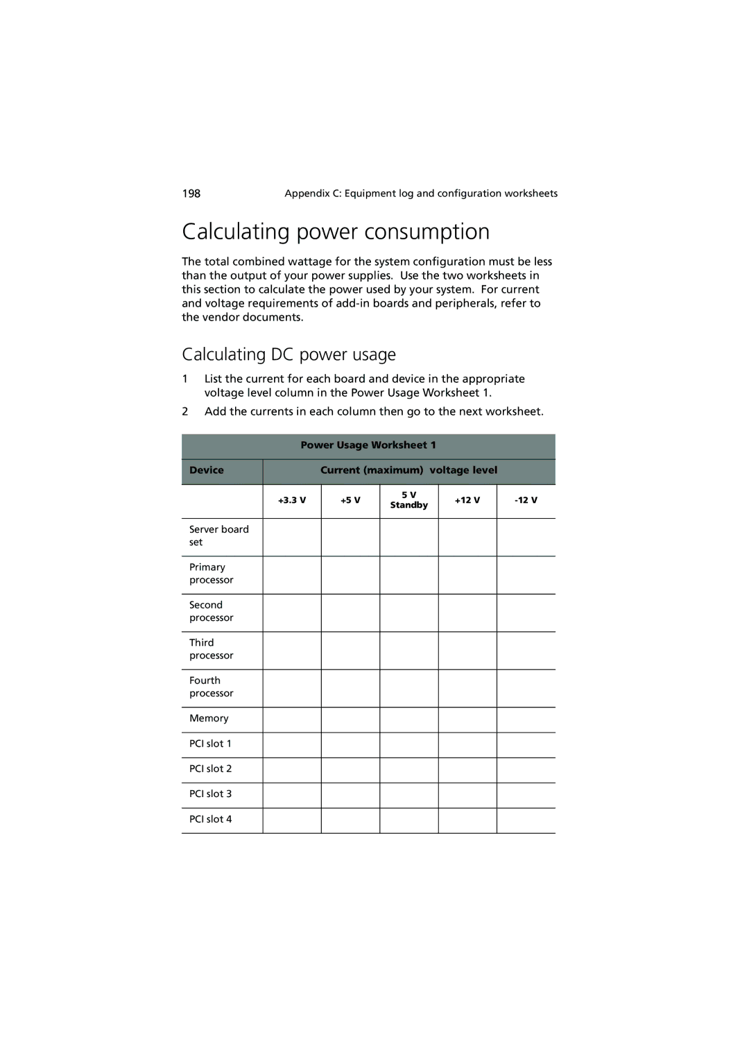 Acer Altos G900 manual Calculating power consumption, Calculating DC power usage 