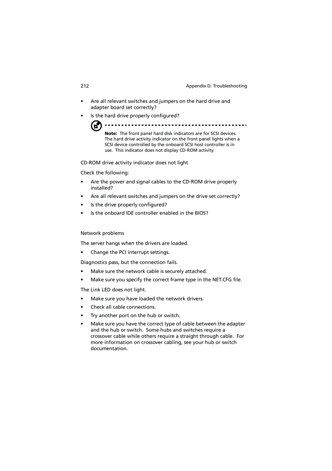 Acer Altos G900 manual Appendix D Troubleshooting 