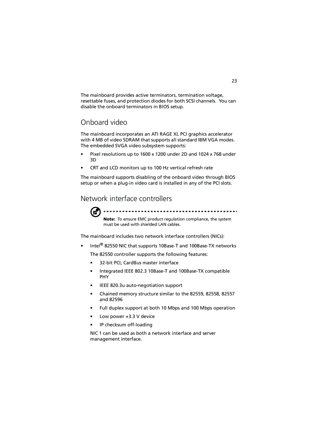 Acer Altos G900 manual Onboard video, Network interface controllers 