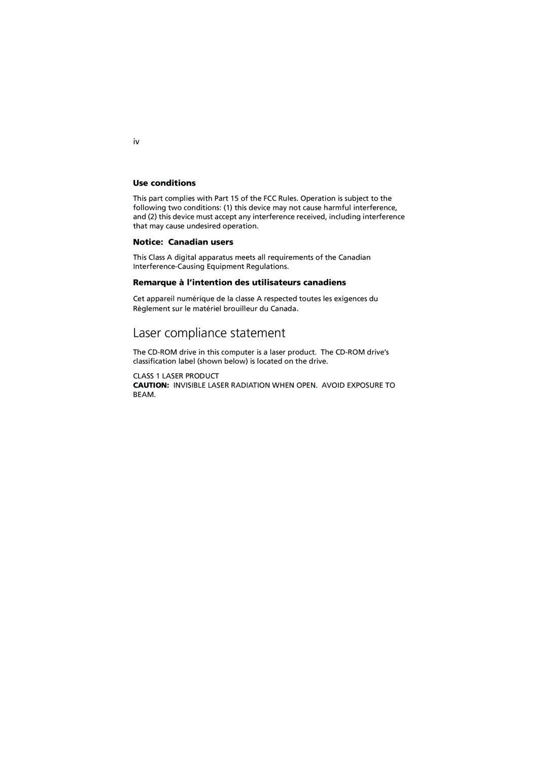 Acer Altos G900 manual Laser compliance statement, Use conditions 