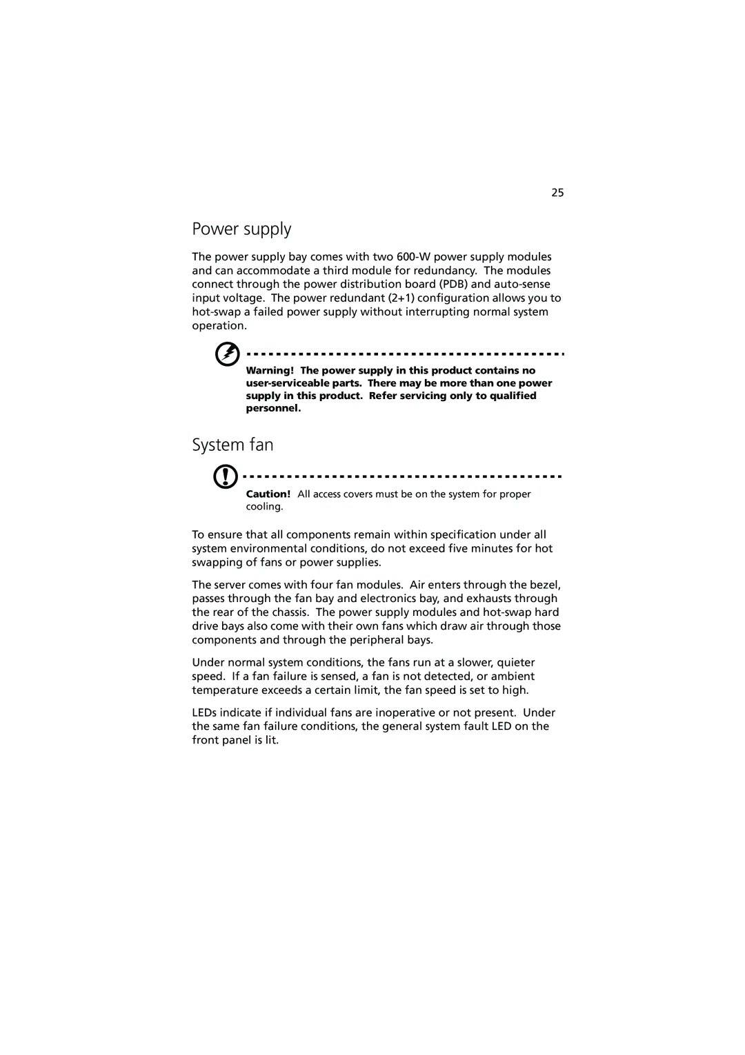 Acer Altos G900 manual Power supply, System fan 