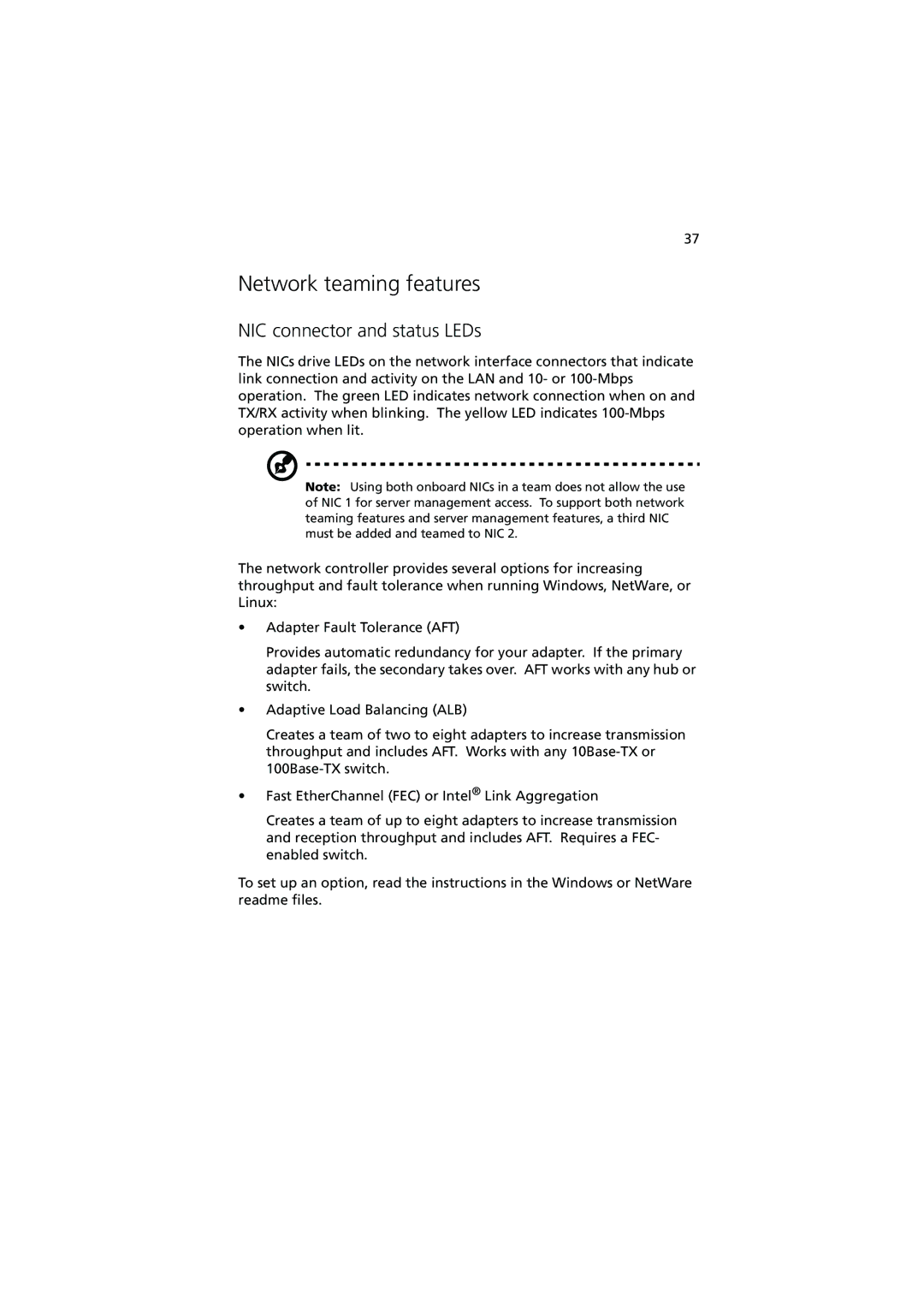 Acer Altos G900 manual Network teaming features, NIC connector and status LEDs 