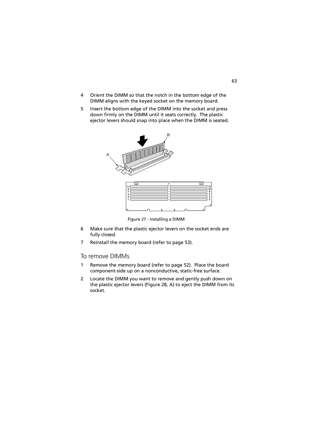 Acer Altos G900 manual To remove DIMMs, Installing a Dimm 