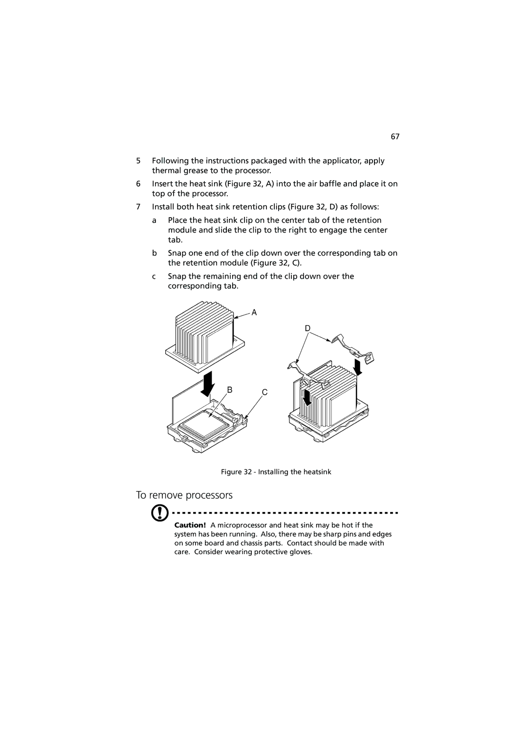 Acer Altos G900 manual To remove processors, Installing the heatsink 