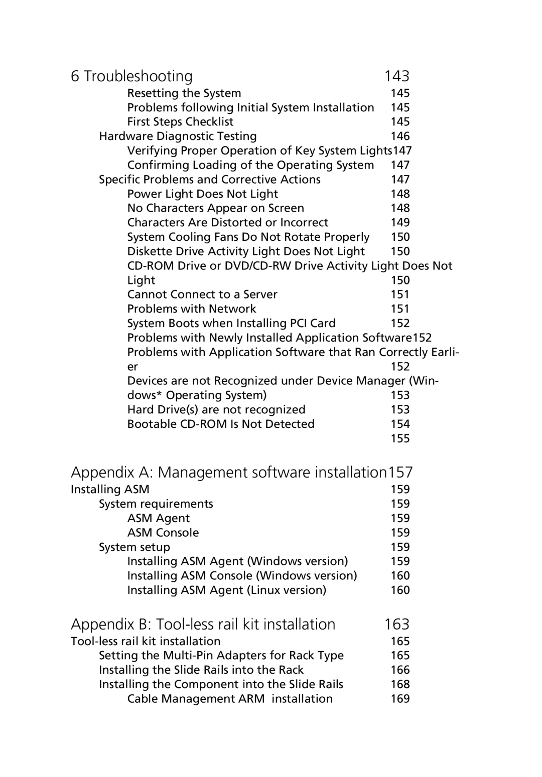 Acer Altos R510 manual Troubleshooting 143, Appendix a Management software installation157 