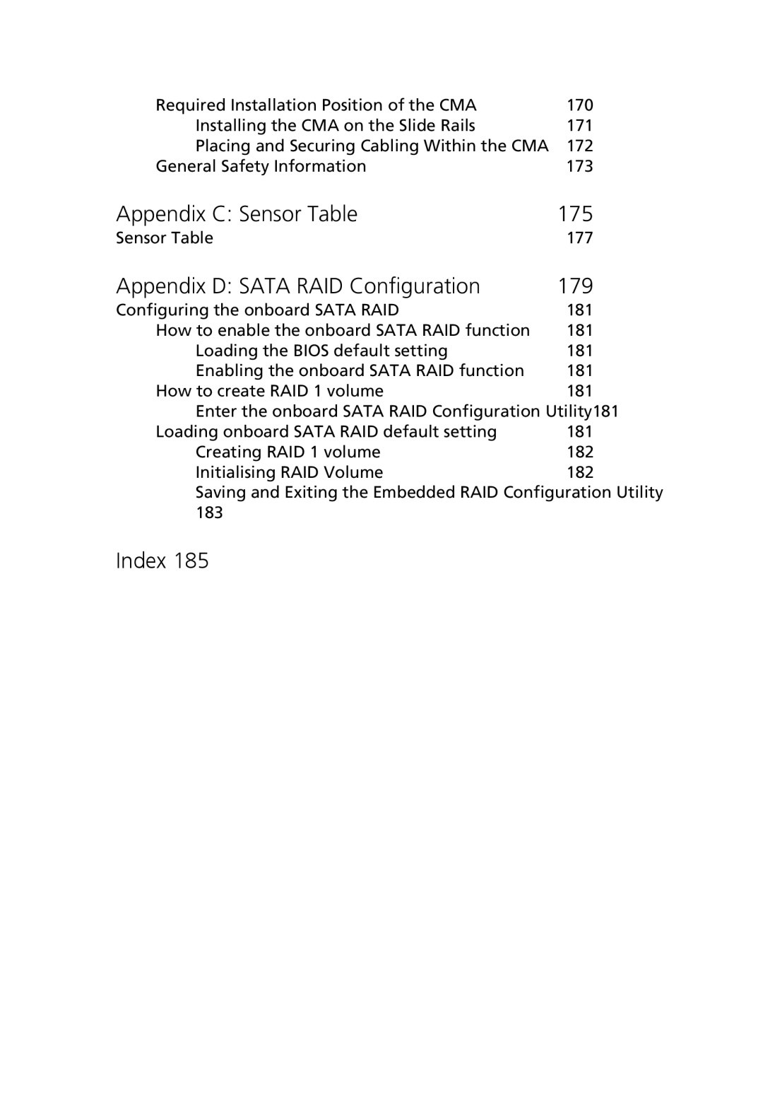 Acer Altos R510 manual Appendix C Sensor, Appendix D Sata RAID Configuration 179, Index 