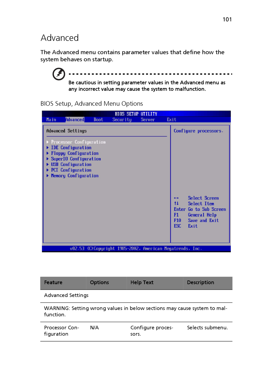 Acer Altos R510 manual Bios Setup, Advanced Menu Options 