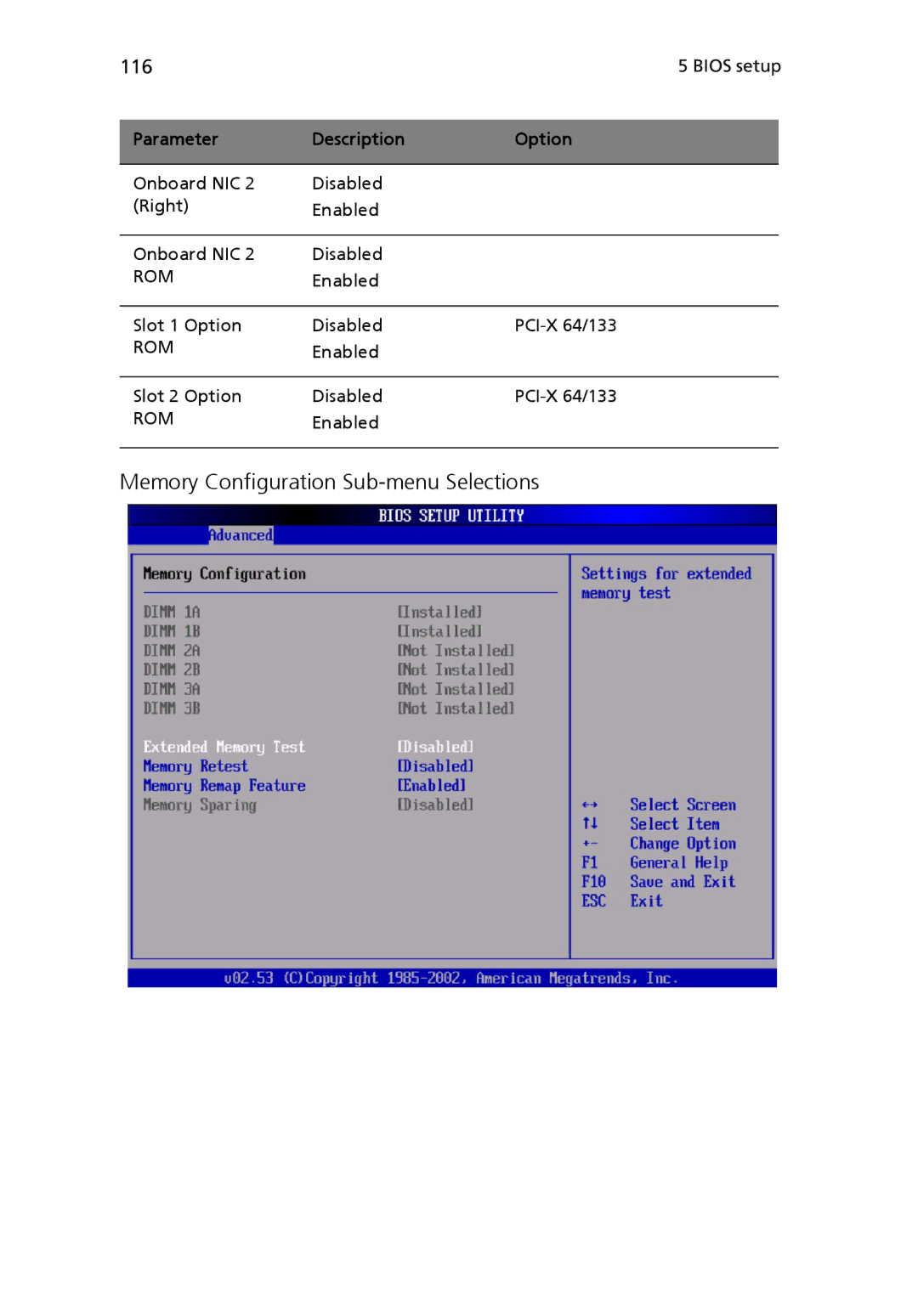 Acer Altos R510 manual Memory Configuration Sub-menu Selections, 116, Parameter Description Option 