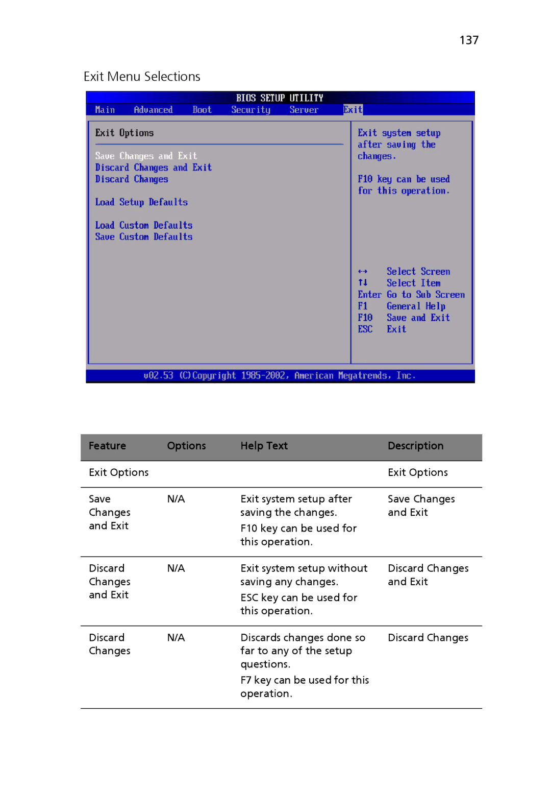 Acer Altos R510 manual Exit Menu Selections, 137 