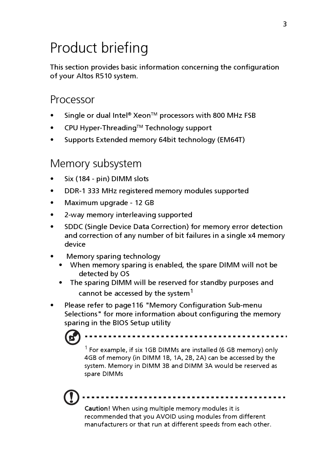 Acer Altos R510 manual Product briefing, Processor, Memory subsystem 