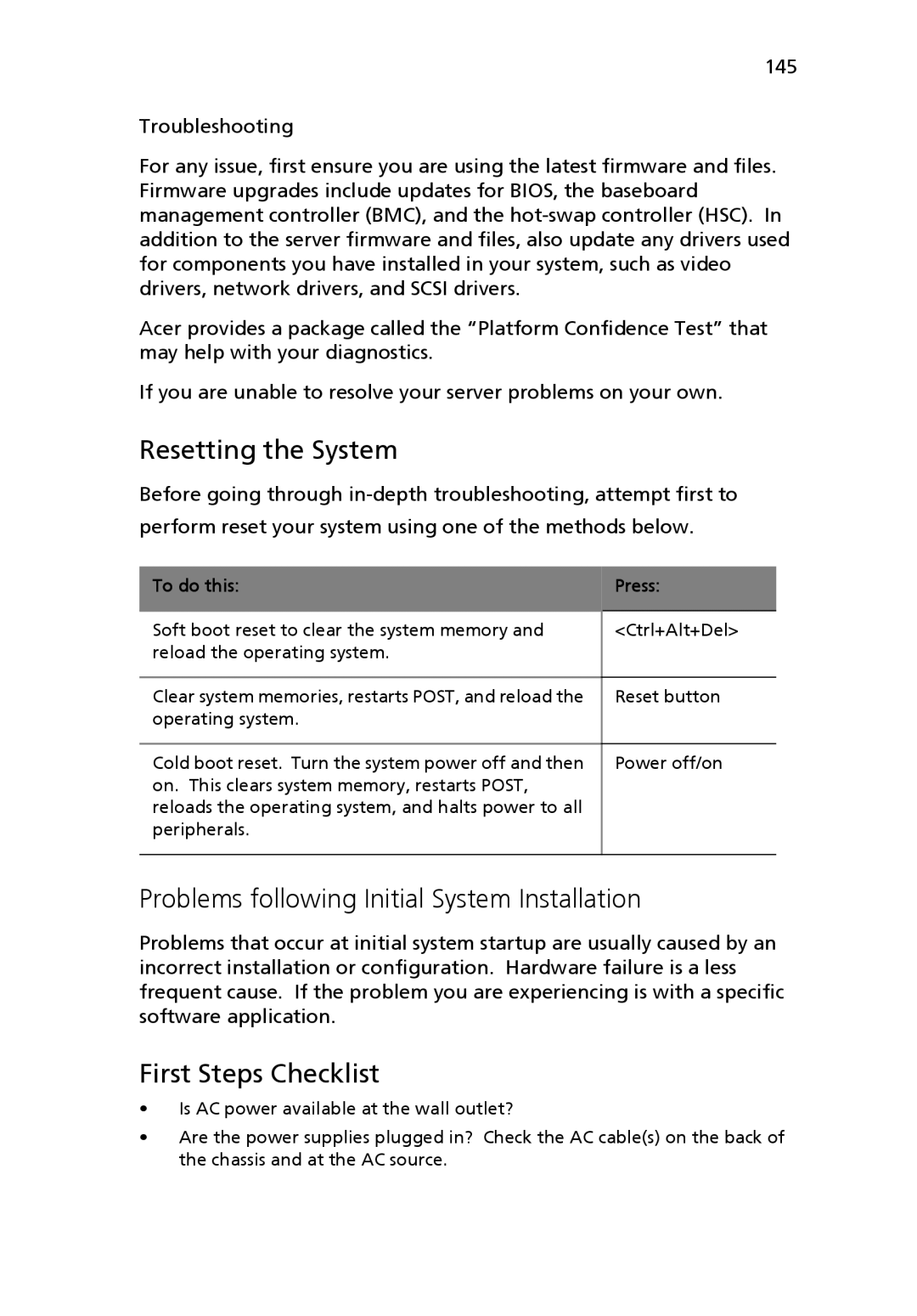 Acer Altos R510 Resetting the System, Problems following Initial System Installation, First Steps Checklist, To do this 