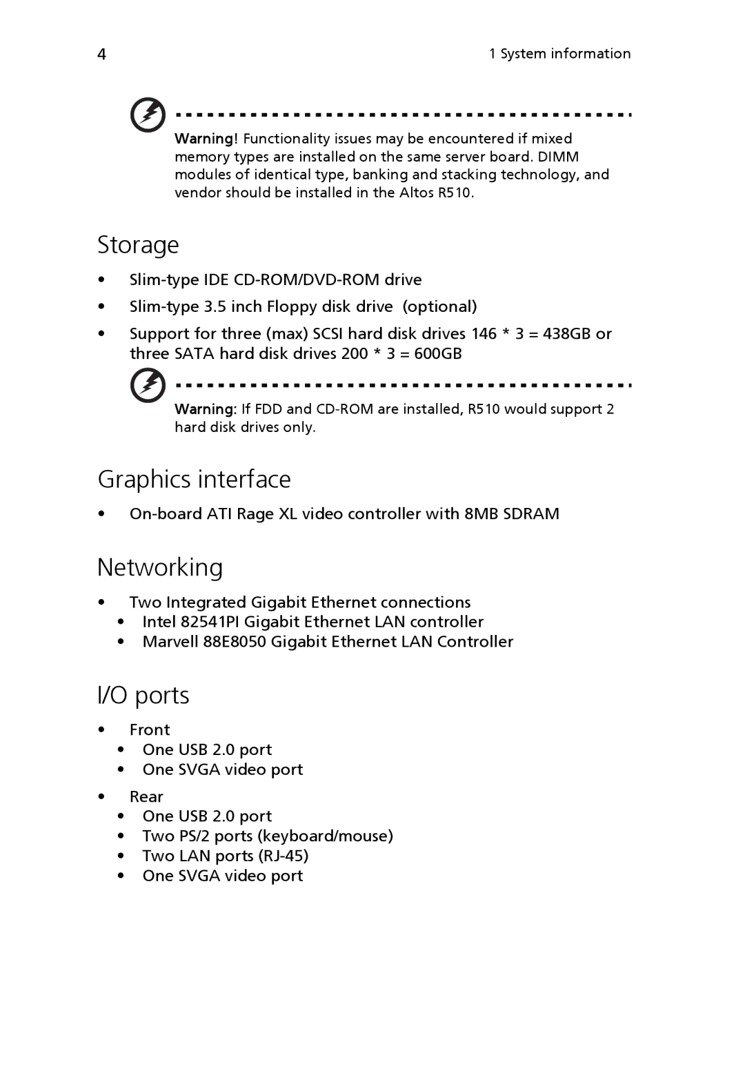 Acer Altos R510 manual Storage, Graphics interface, Networking, Ports, On-board ATI Rage XL video controller with 8MB Sdram 