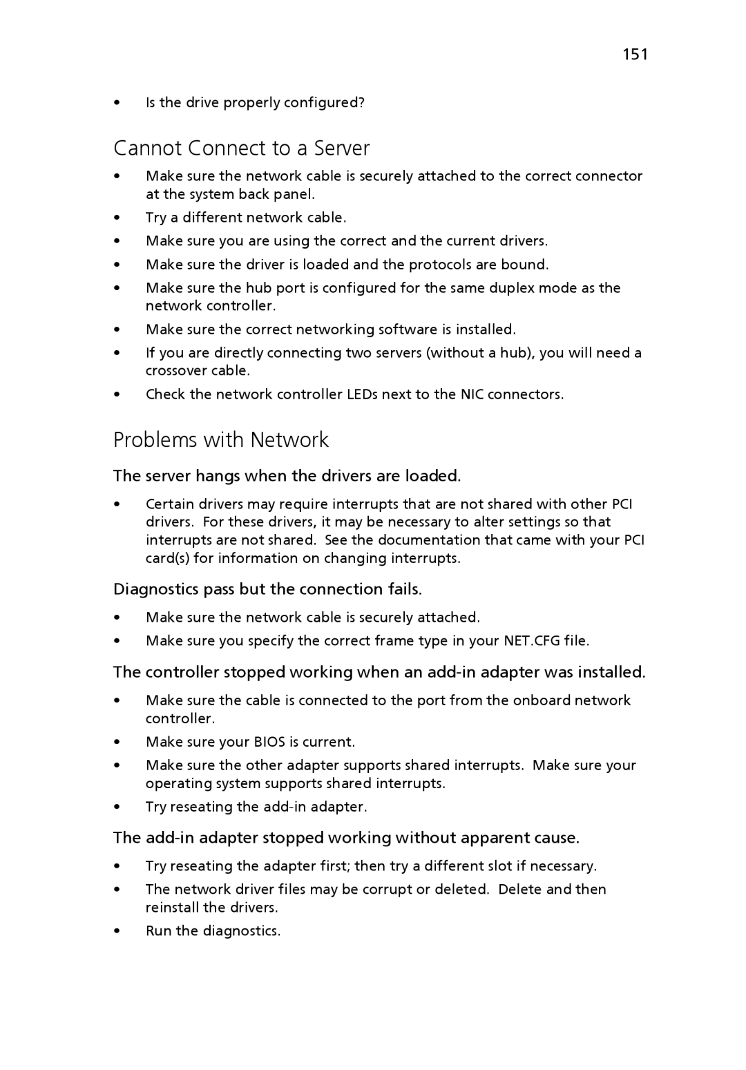 Acer Altos R510 manual Cannot Connect to a Server, Problems with Network, Server hangs when the drivers are loaded 