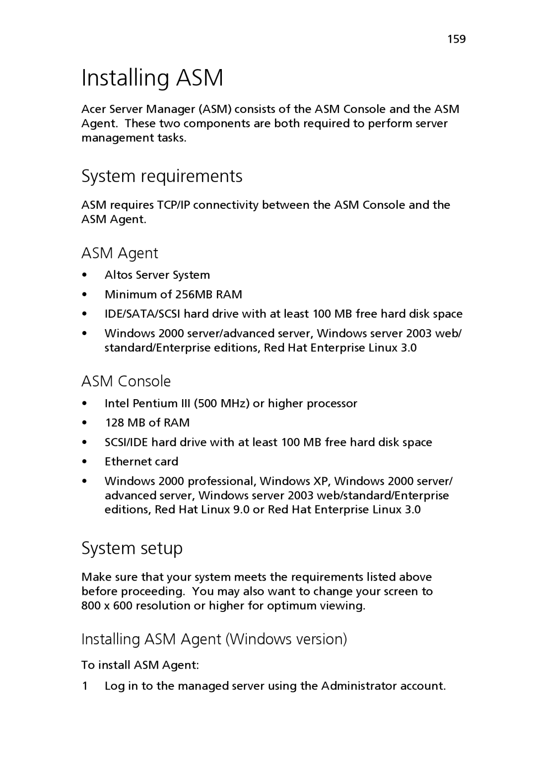 Acer Altos R510 manual Installing ASM, System requirements, System setup 