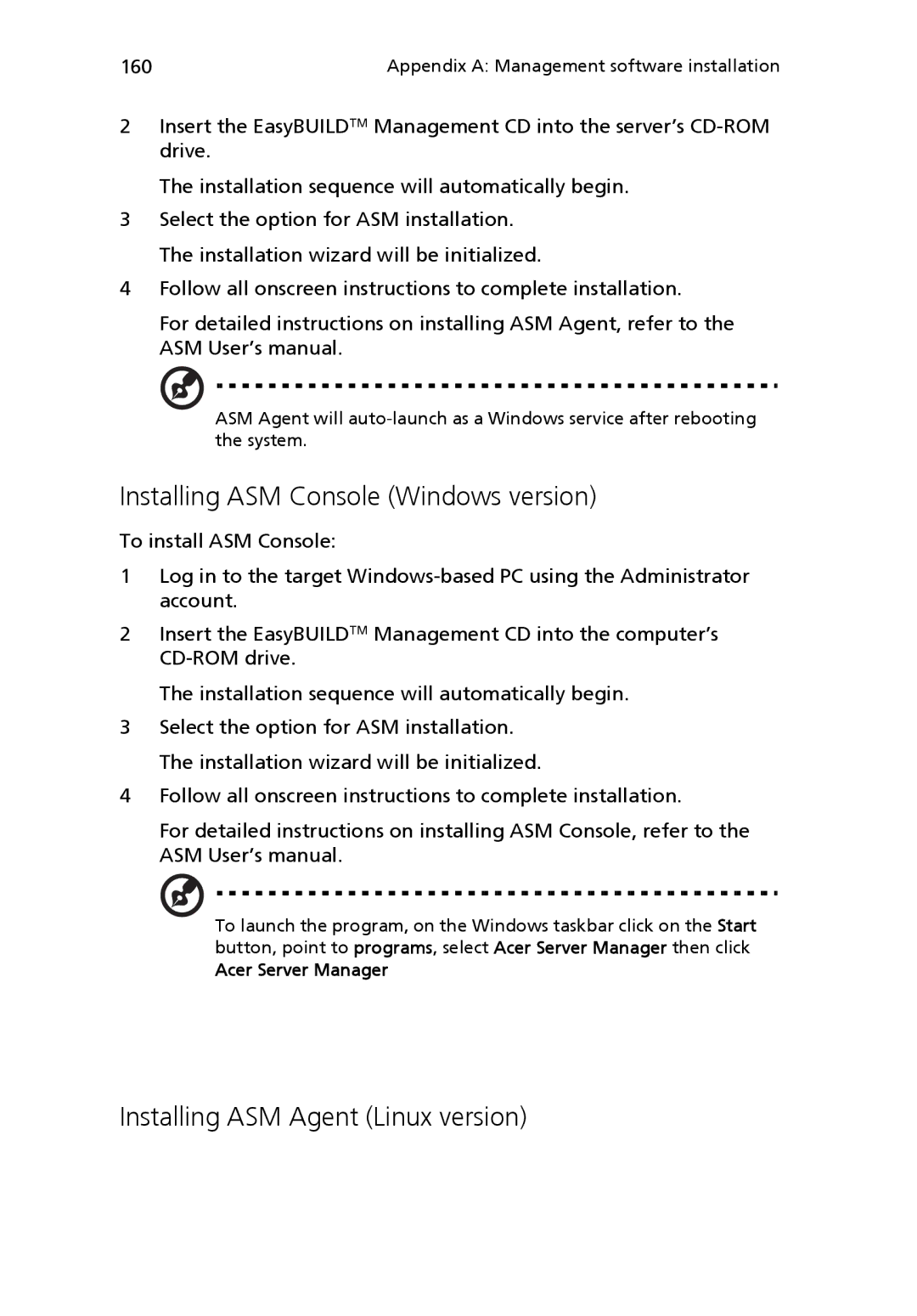 Acer Altos R510 manual Installing ASM Console Windows version, Installing ASM Agent Linux version, Acer Server Manager 