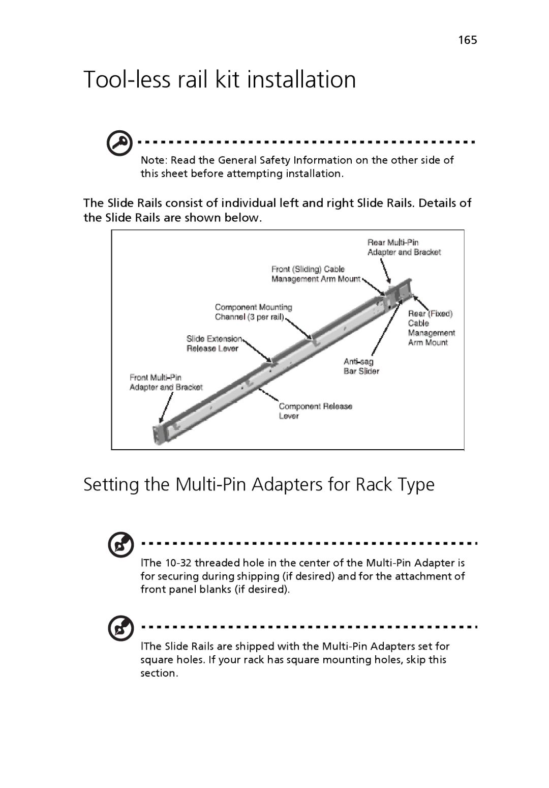 Acer Altos R510 manual Tool-less rail kit installation, Setting the Multi-Pin Adapters for Rack Type 