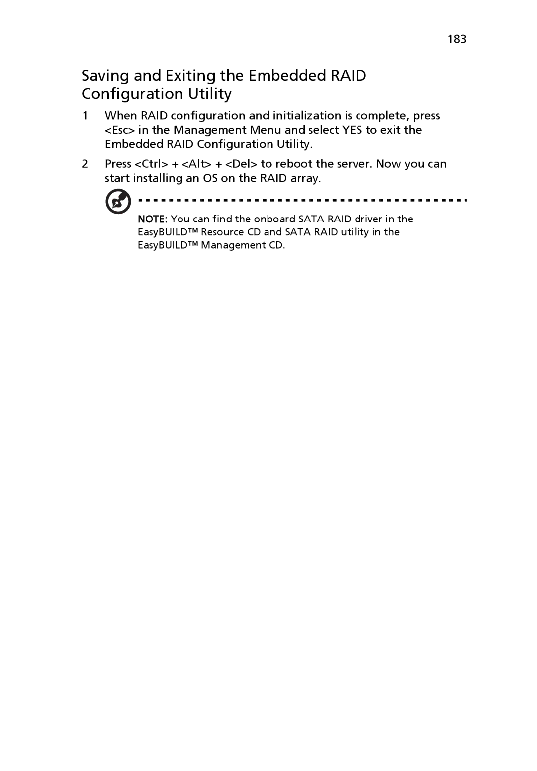 Acer Altos R510 manual Saving and Exiting the Embedded RAID Configuration Utility, 183 