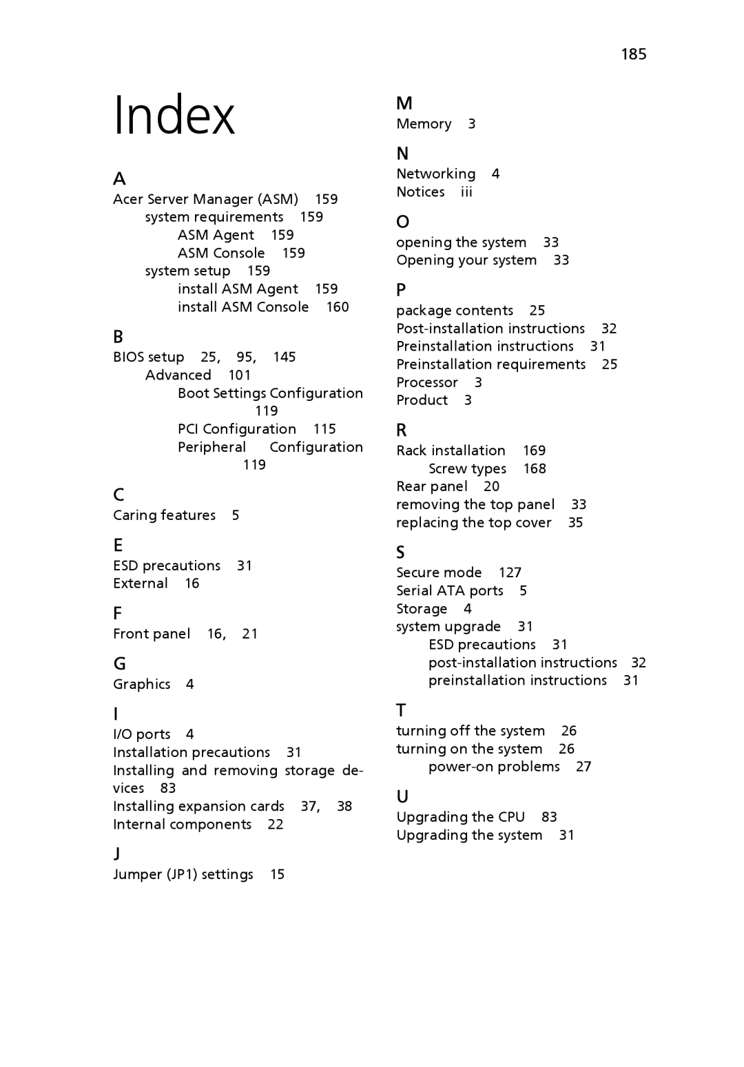 Acer Altos R510 manual Index, 185 