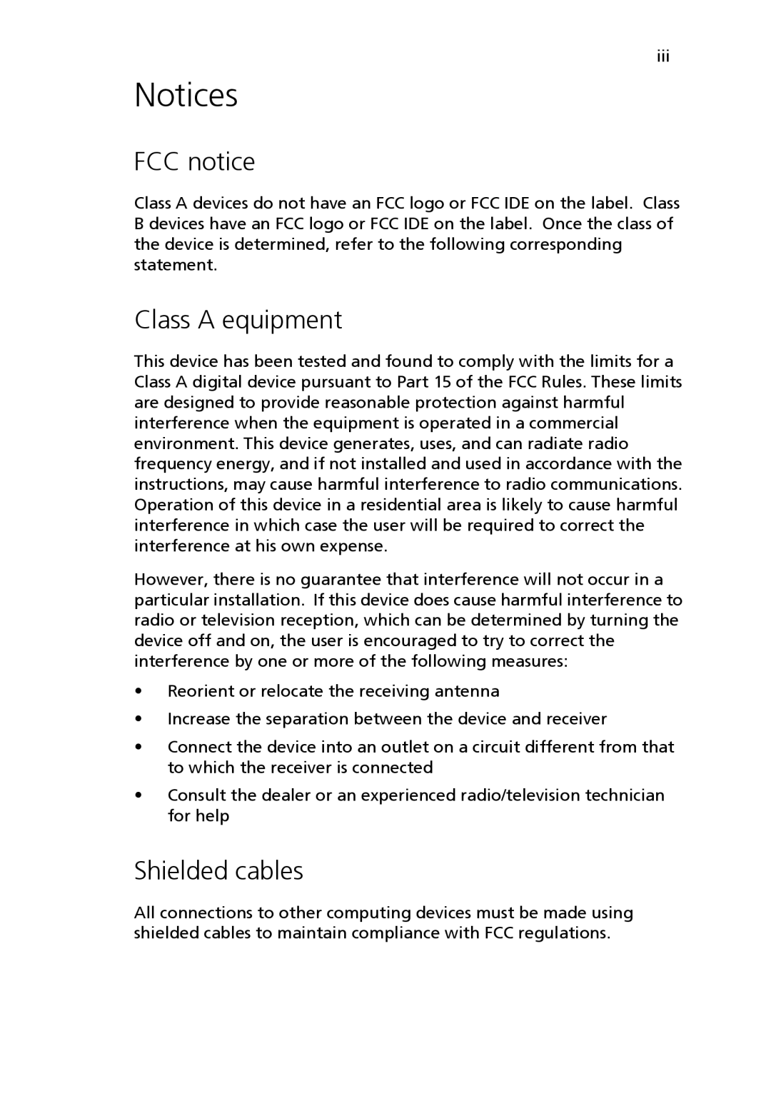 Acer Altos R510 manual FCC notice, Class a equipment, Shielded cables, Iii 