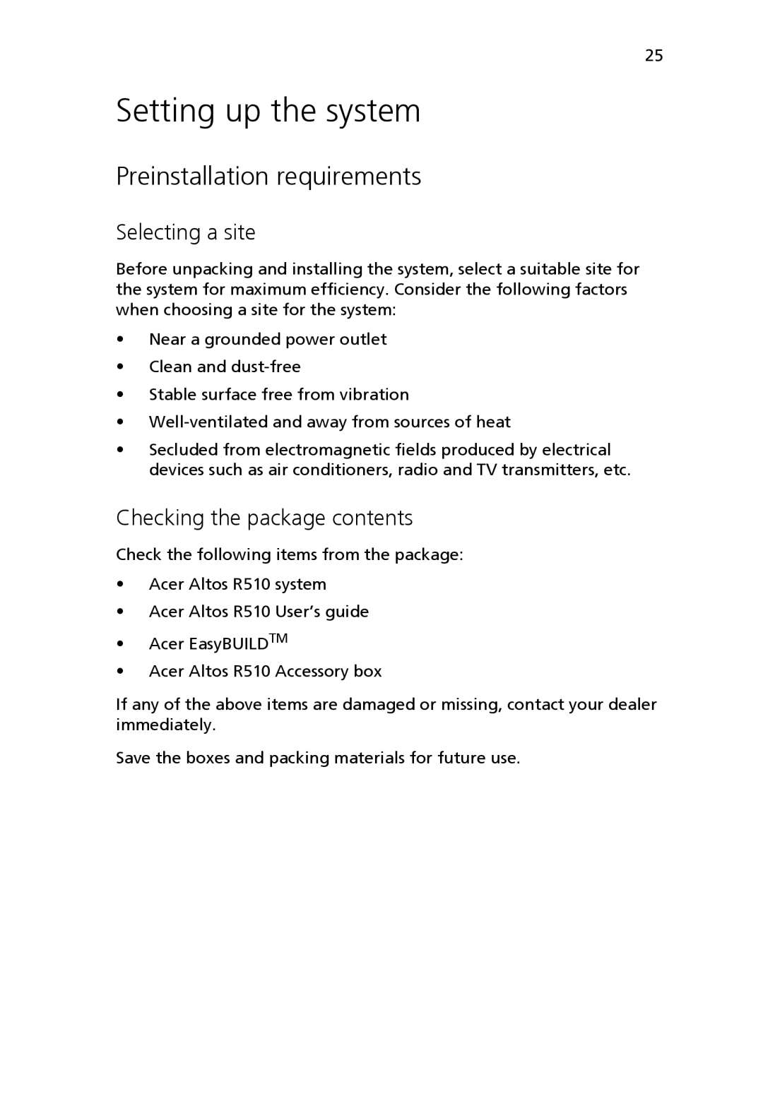 Acer Altos R510 manual Setting up the system, Preinstallation requirements, Selecting a site, Checking the package contents 