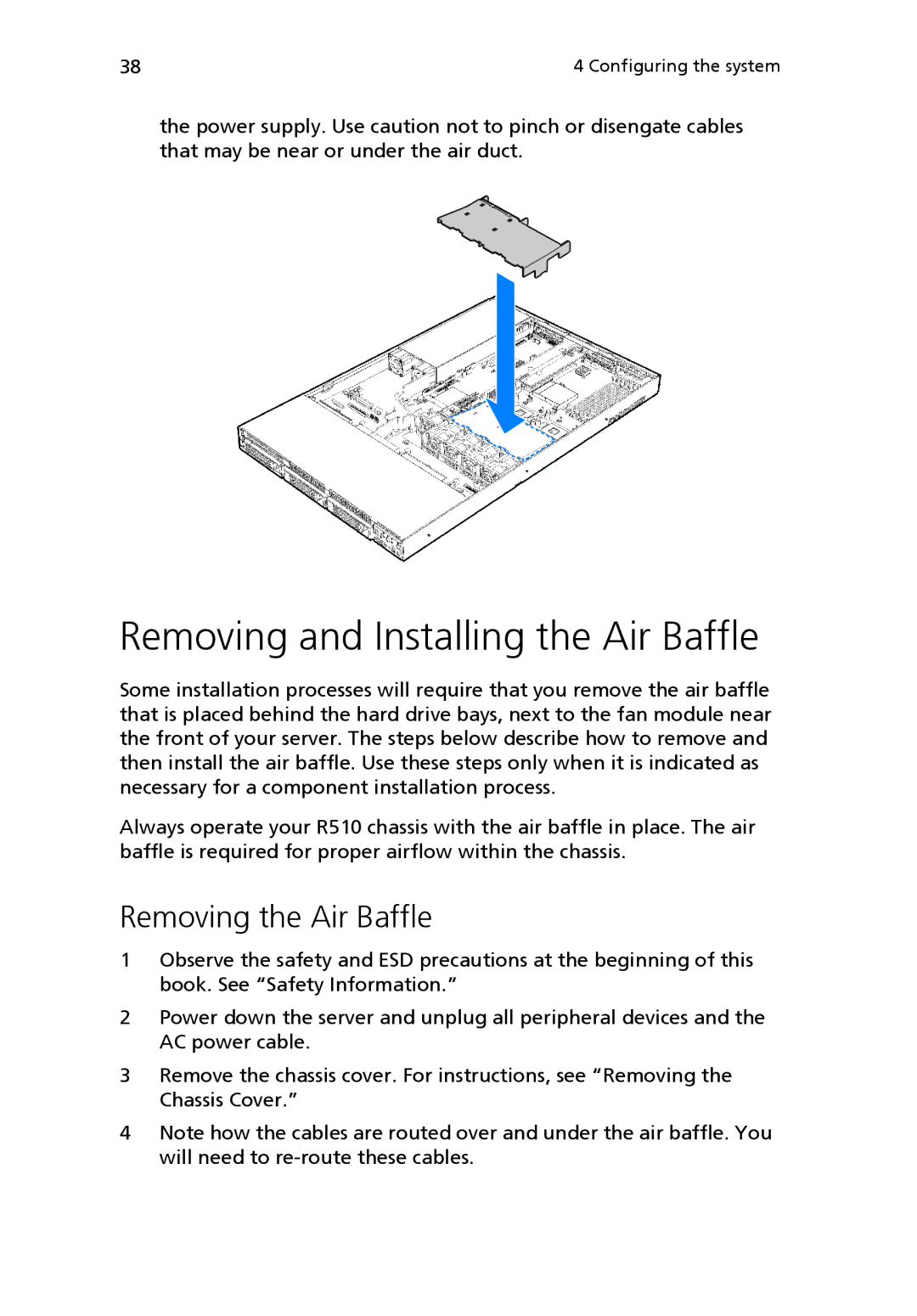 Acer Altos R510 manual Removing and Installing the Air Baffle, Removing the Air Baffle 