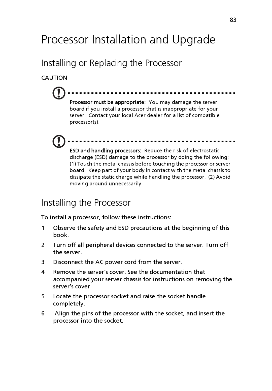 Acer Altos R510 manual Processor Installation and Upgrade, Installing or Replacing the Processor, Installing the Processor 