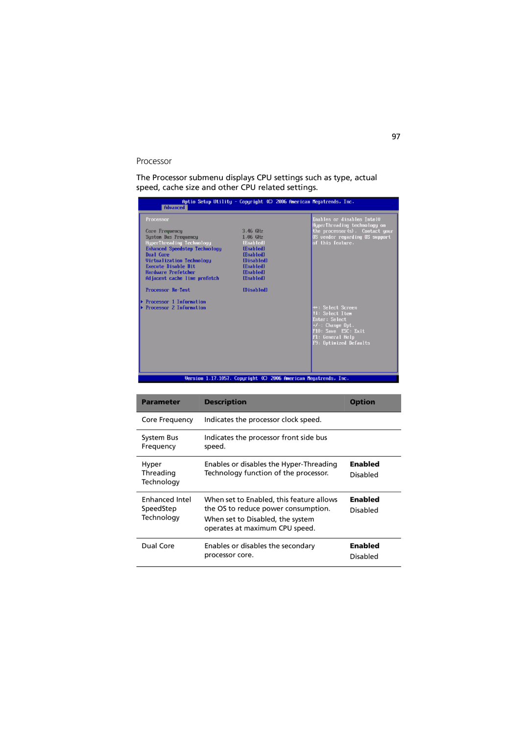 Acer Altos R520 manual Disabled Dual Core Enables or disables the secondary 