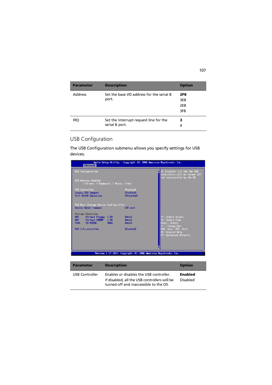 Acer Altos R520 manual USB Confguration, 107, 2F8 