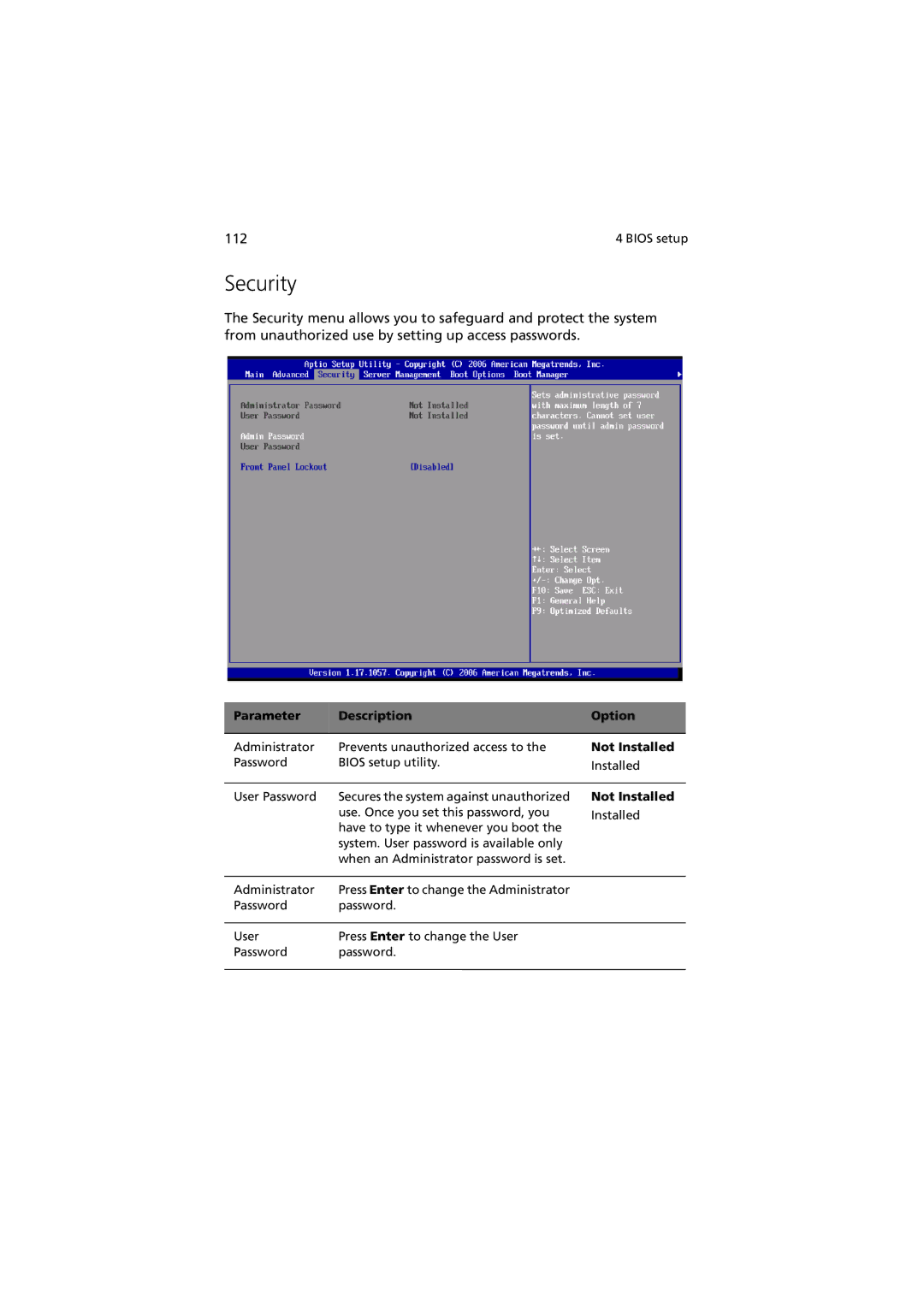 Acer Altos R520 manual Security, Not Installed 