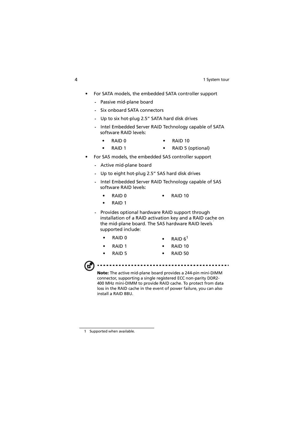 Acer Altos R520 manual RAID 5 optional, RAID 6 