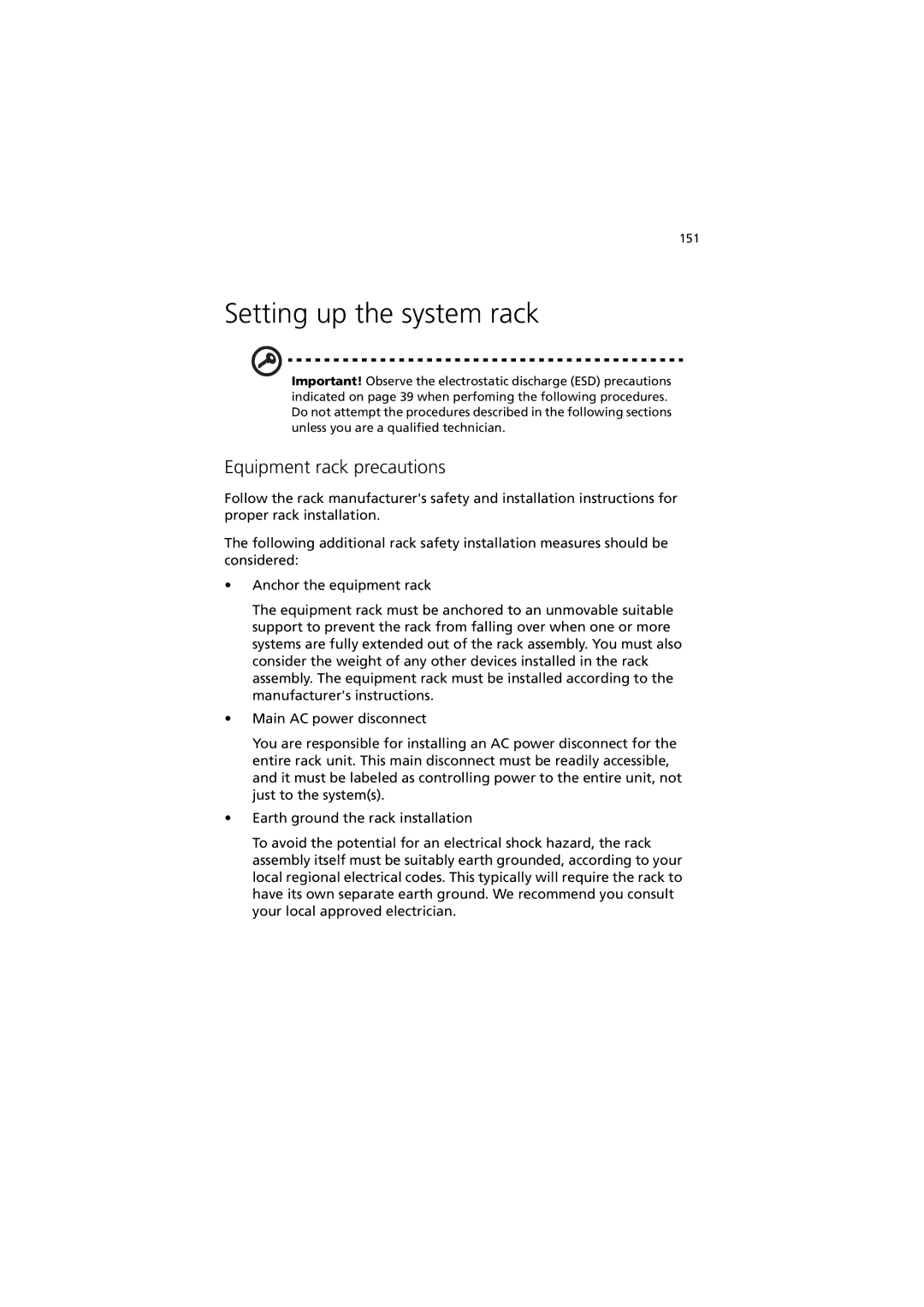 Acer Altos R520 manual Setting up the system rack, Equipment rack precautions 