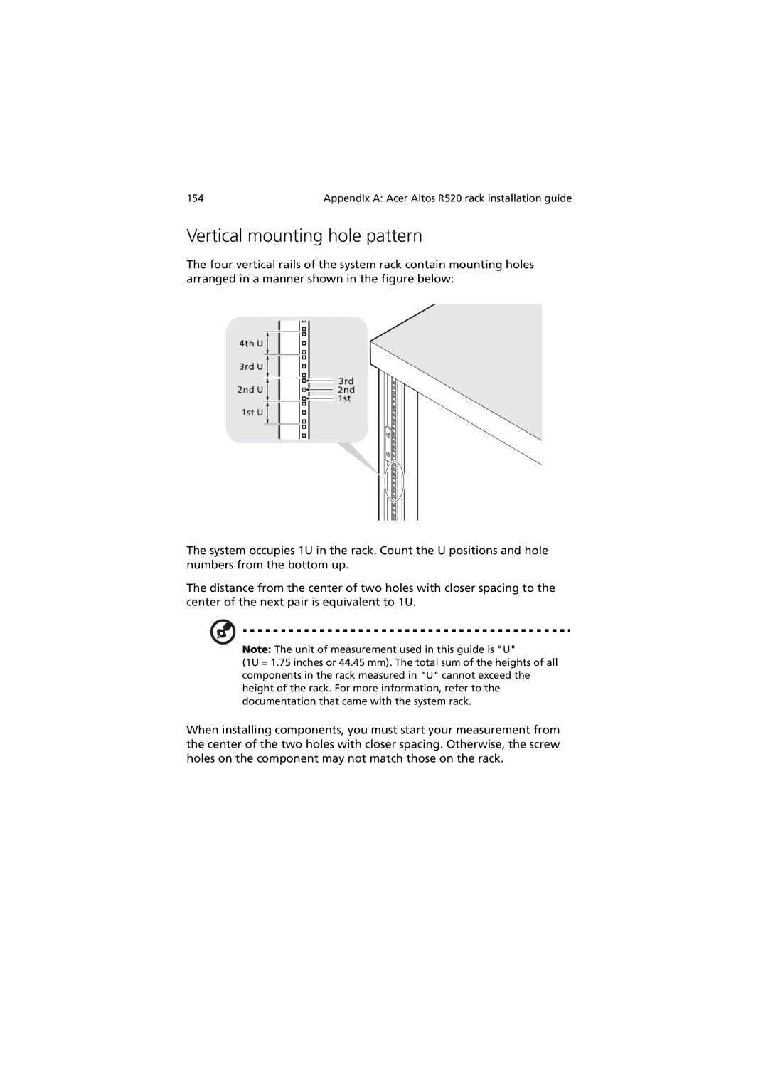 Acer Altos R520 manual Vertical mounting hole pattern 