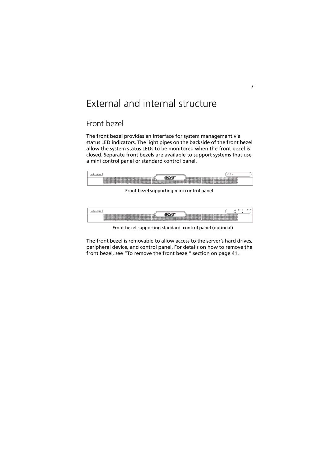 Acer Altos R520 manual External and internal structure, Front bezel 