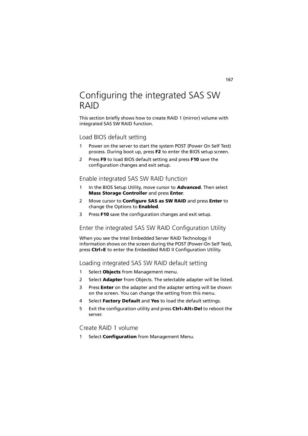 Acer Altos R520 manual Configuring the integrated SAS SW RAID, Enable integrated SAS SW RAID function, Create RAID 1 volume 