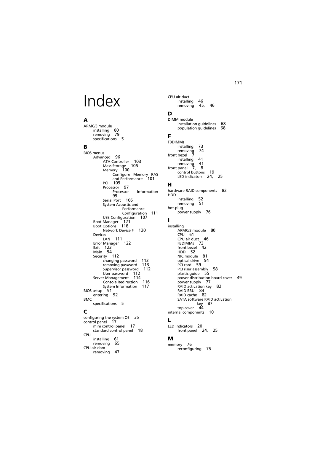 Acer Altos R520 manual Index, 171 