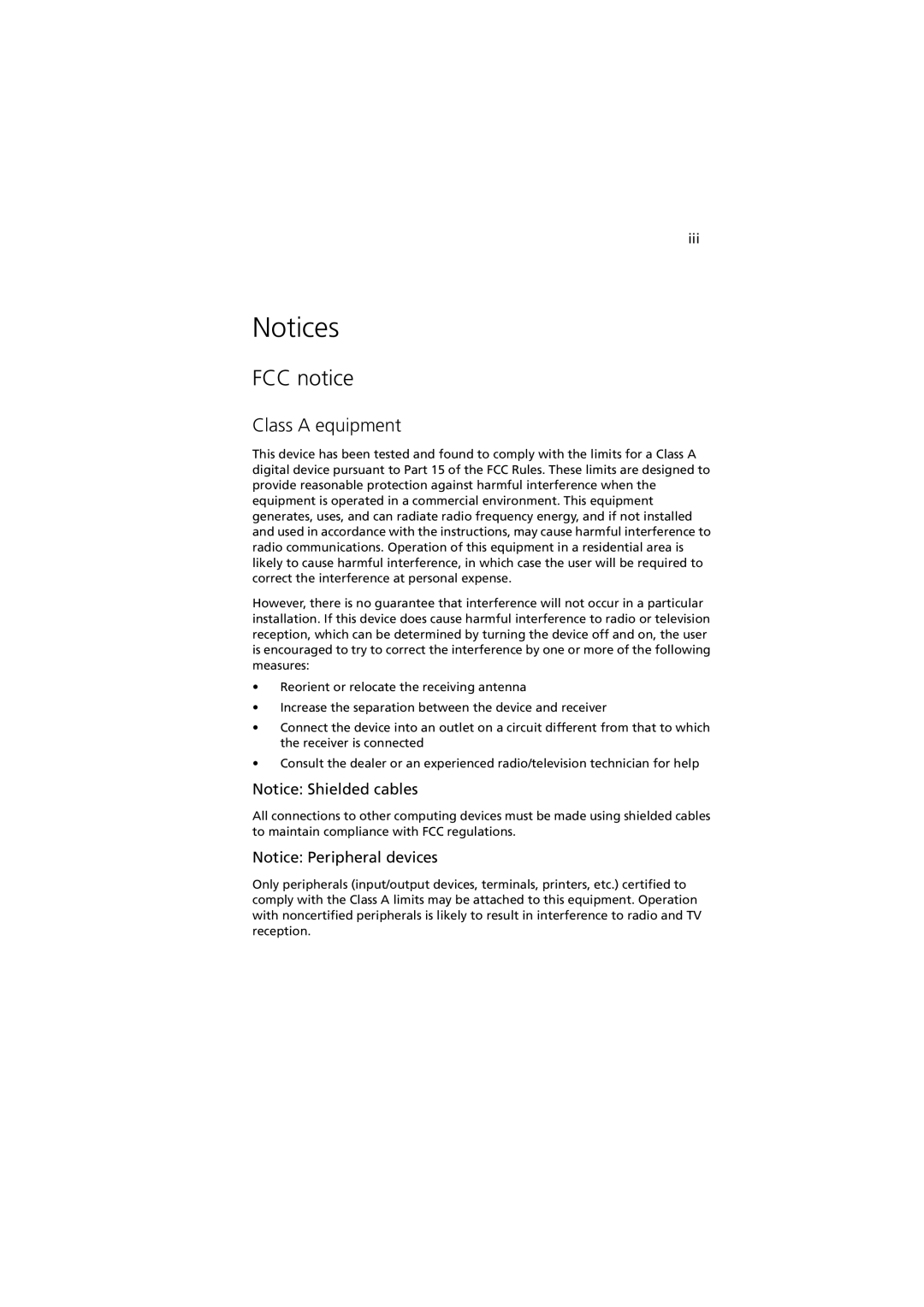 Acer Altos R520 manual FCC notice, Class a equipment, Iii 