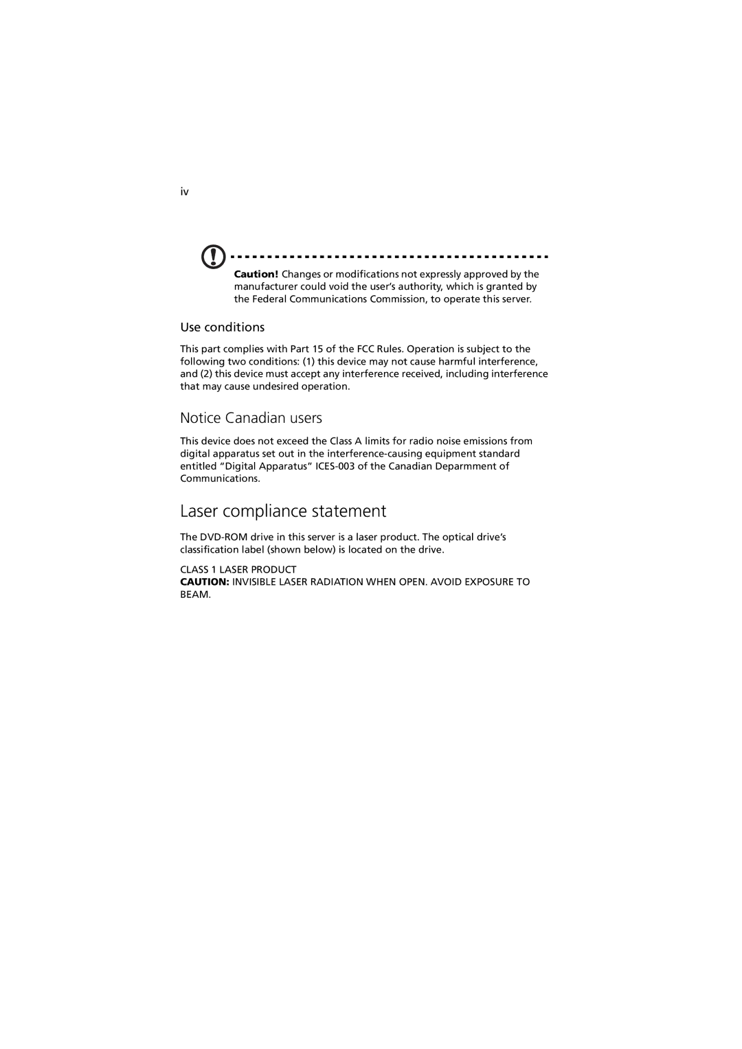 Acer Altos R520 manual Laser compliance statement, Use conditions 