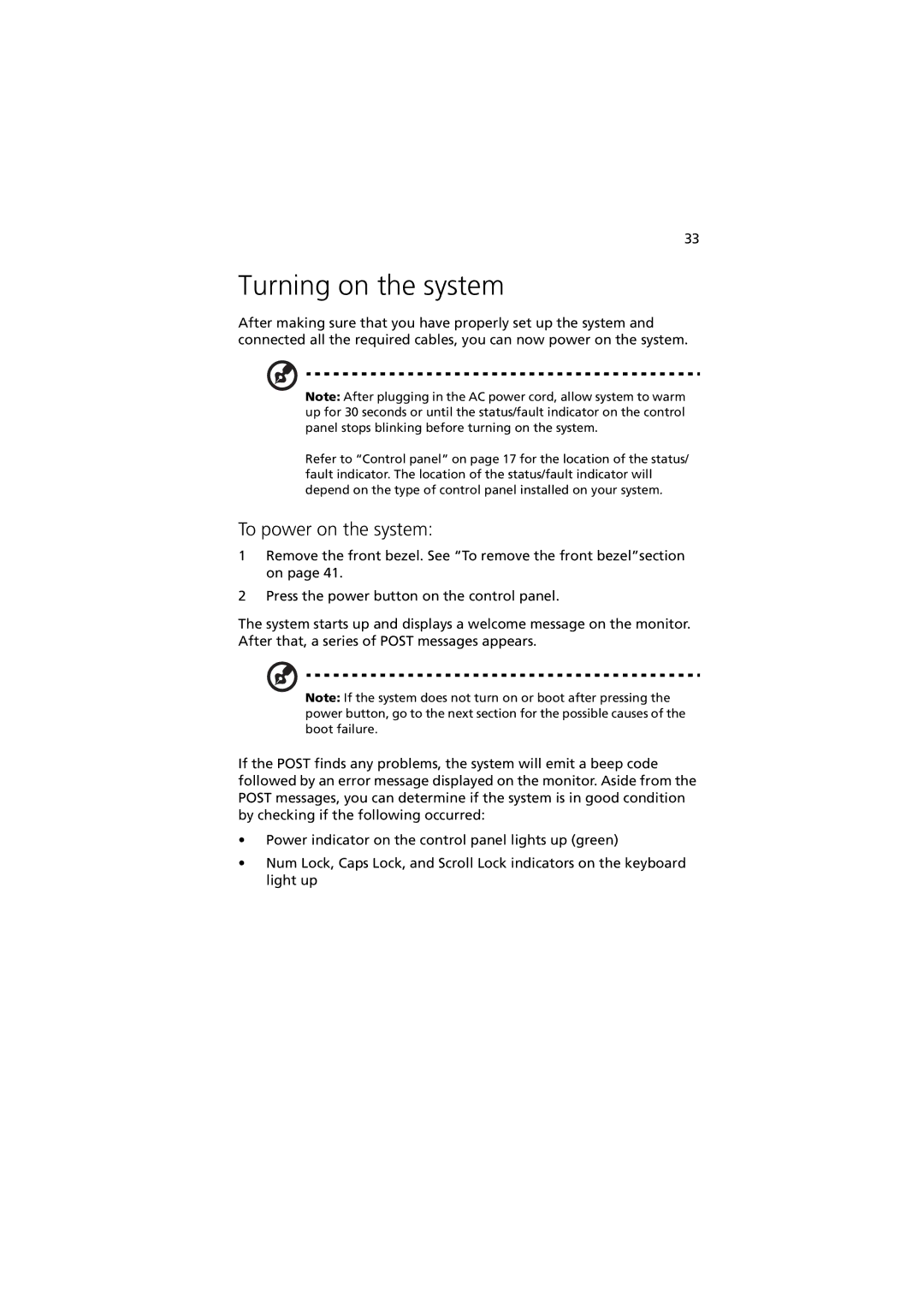 Acer Altos R520 manual Turning on the system, To power on the system 