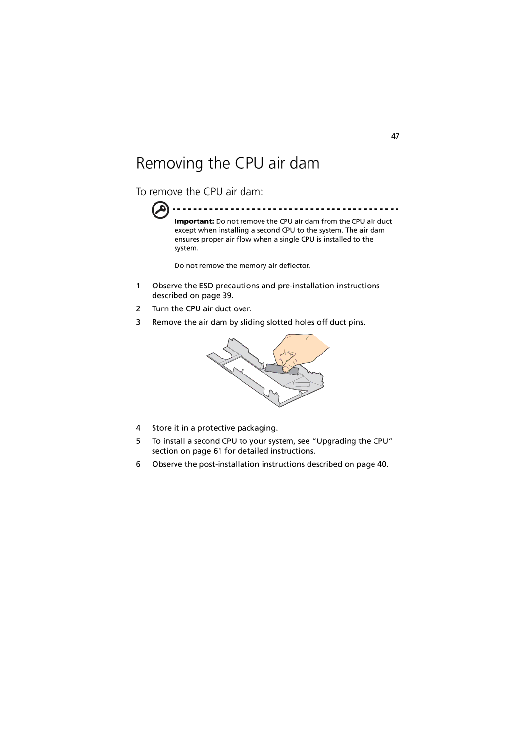 Acer Altos R520 manual Removing the CPU air dam, To remove the CPU air dam 