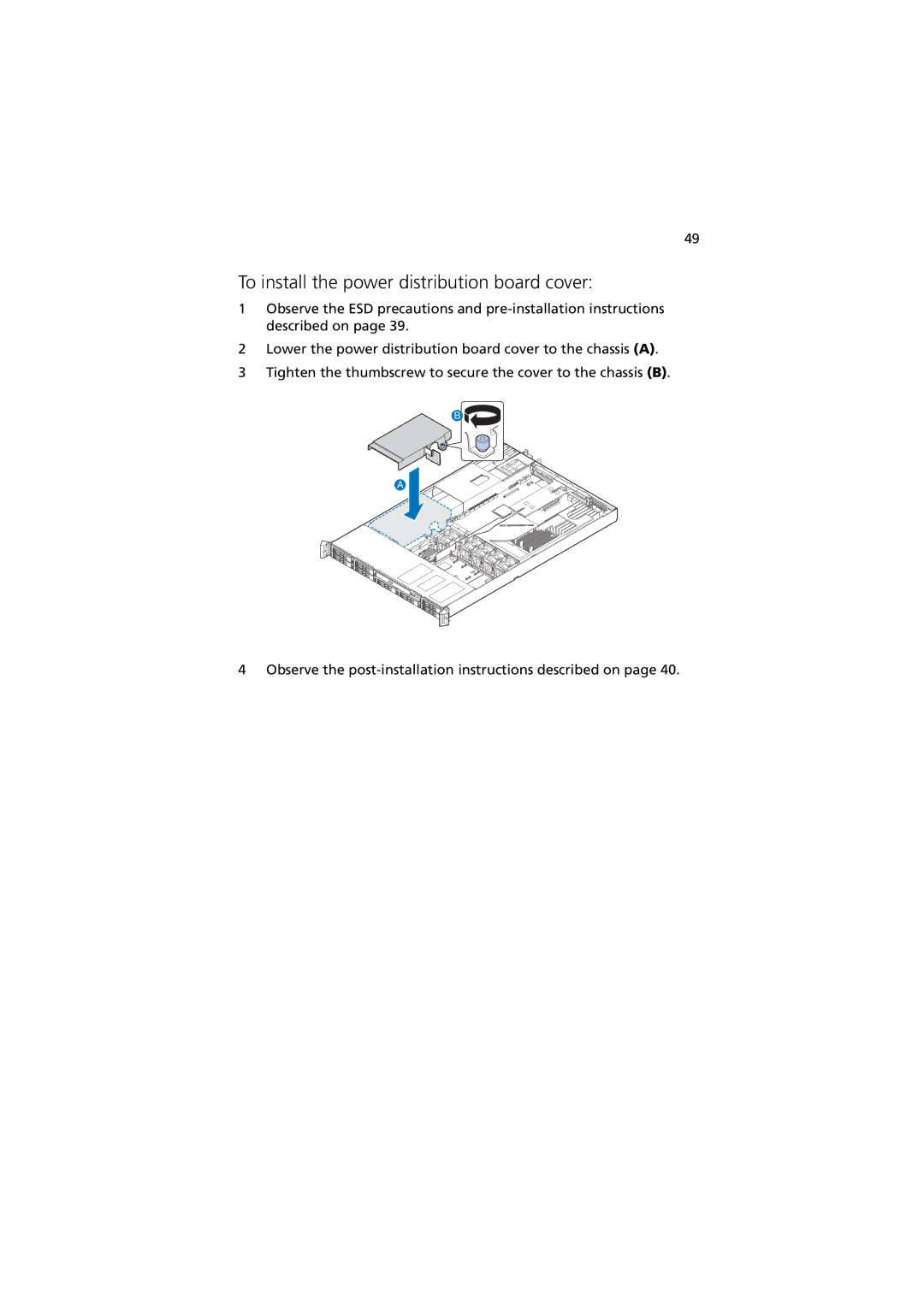 Acer Altos R520 manual To install the power distribution board cover 