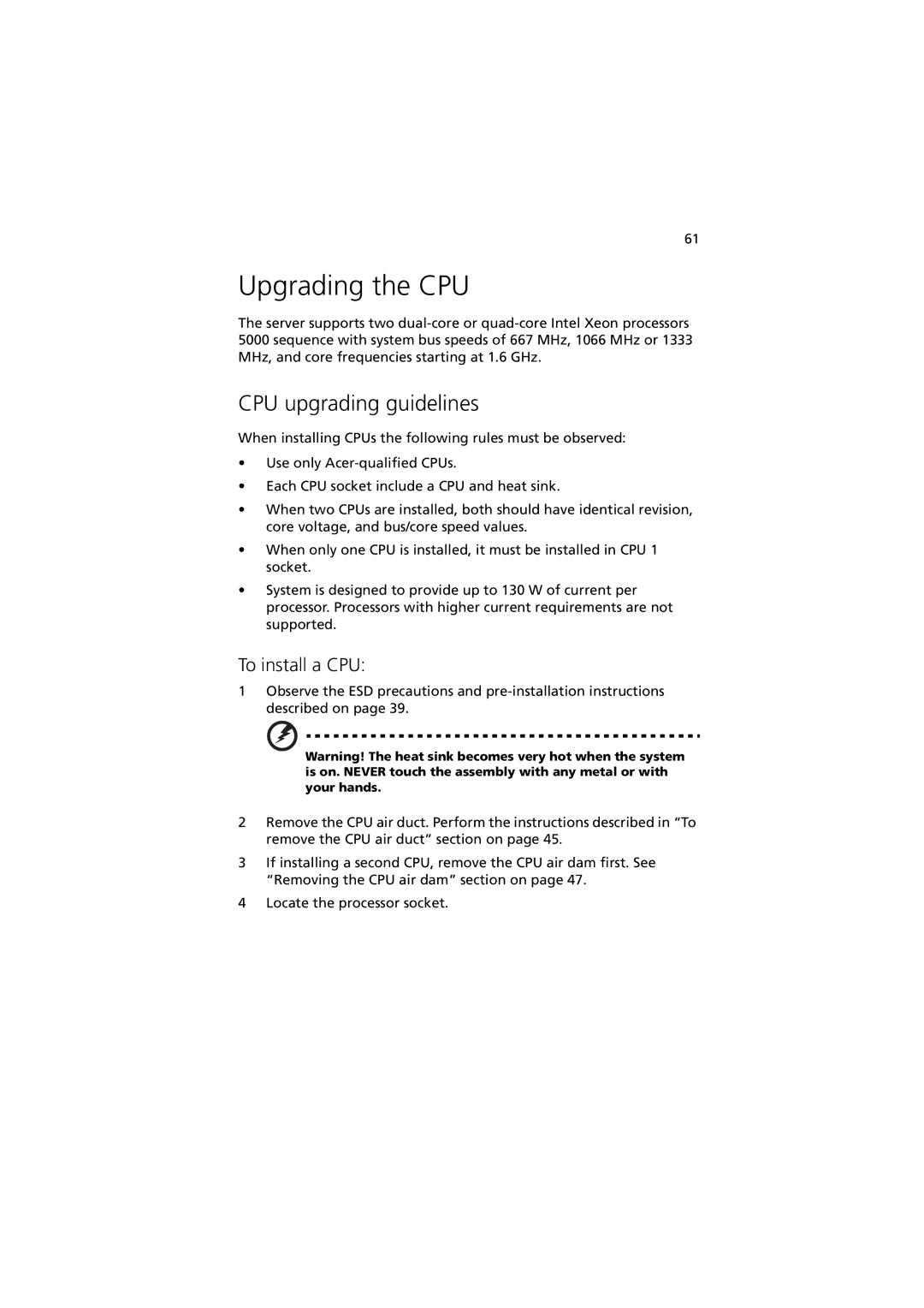 Acer Altos R520 manual Upgrading the CPU, CPU upgrading guidelines, To install a CPU 