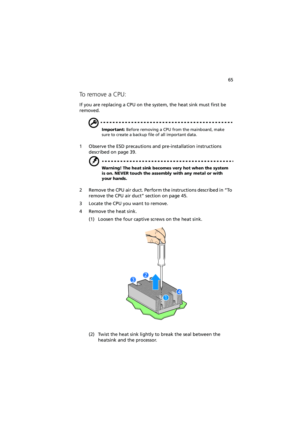 Acer Altos R520 manual To remove a CPU 