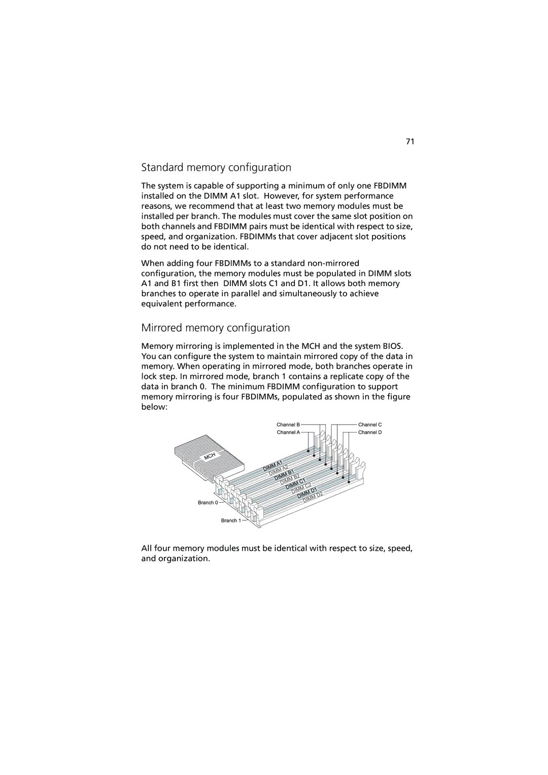 Acer Altos R520 manual Standard memory configuration, Mirrored memory configuration 