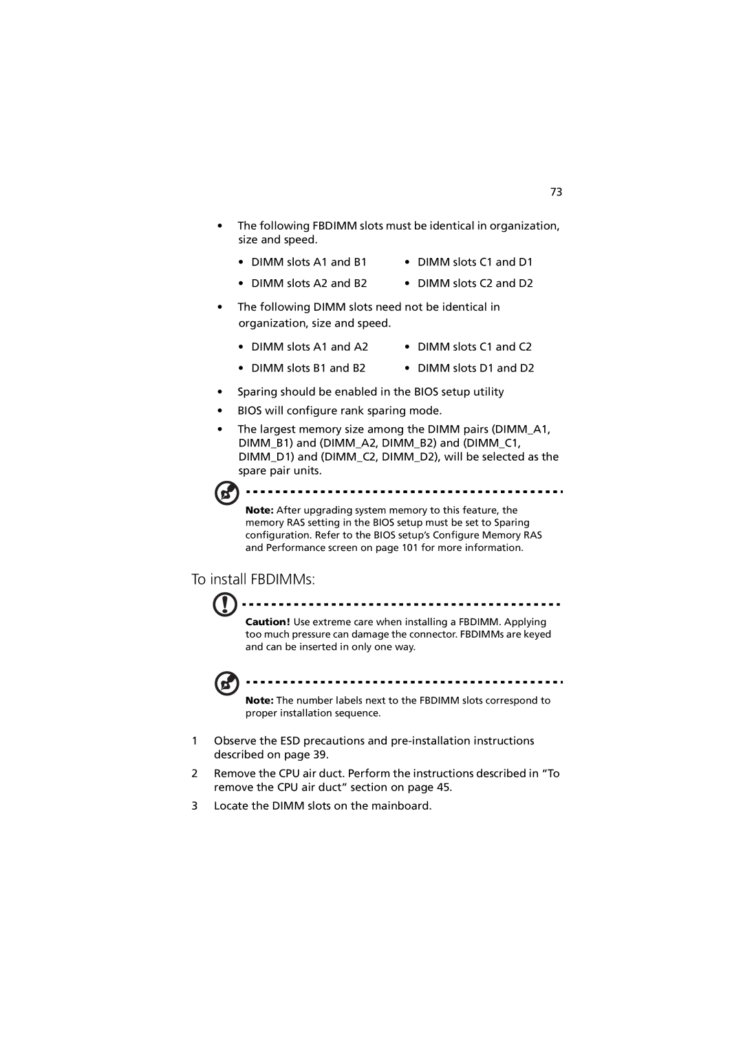 Acer Altos R520 manual To install FBDIMMs 